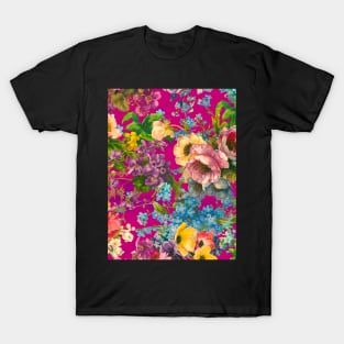 Vintage floral garden, shabby chic, vintage botanical, flowers illustration, fuchsia pink vintage floral pattern T-Shirt